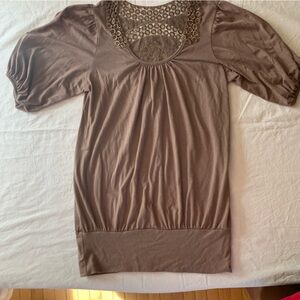 Robin K. Taupe Lace-Back Scoop Neck Tee